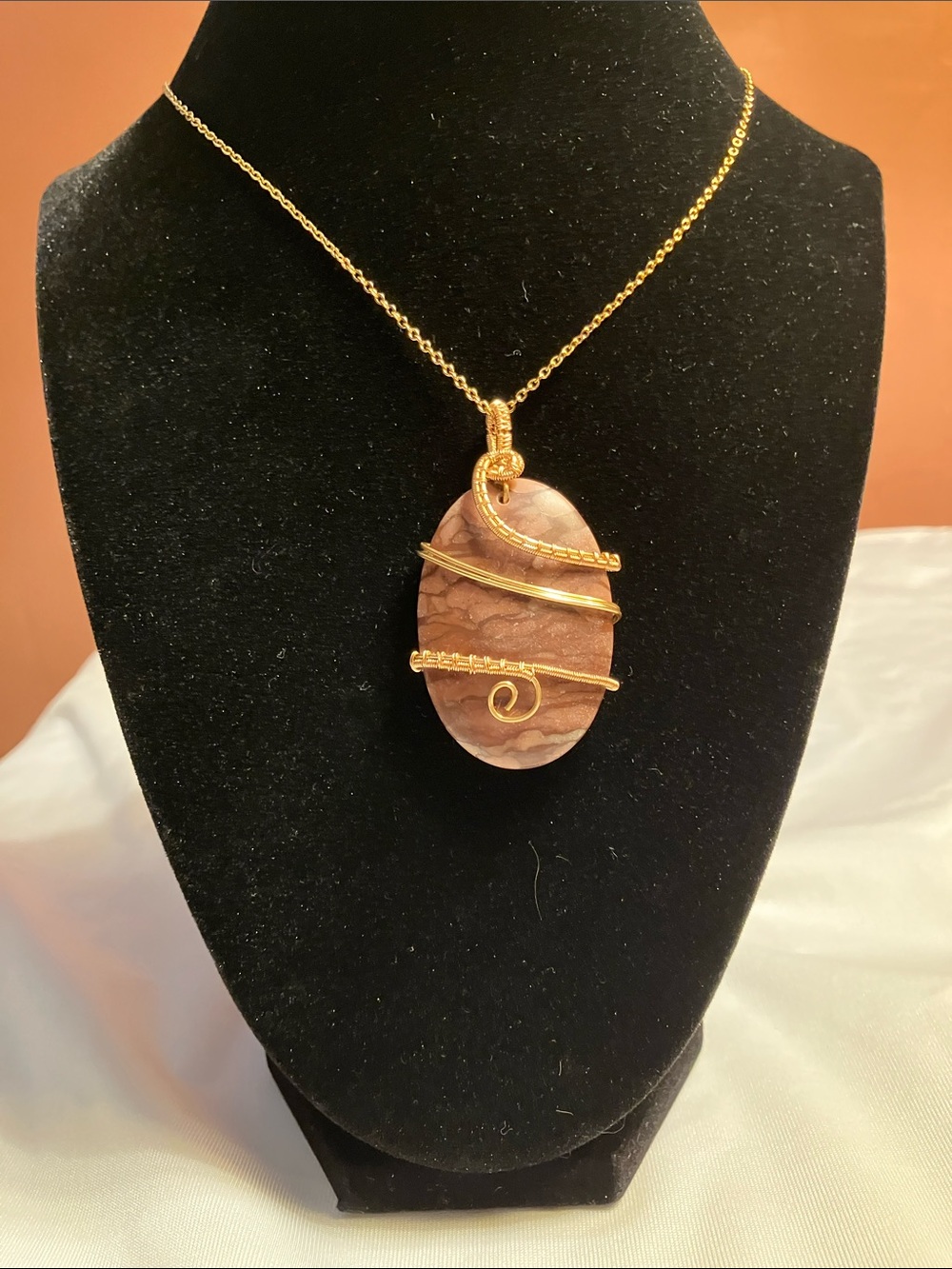 Hand Crafted Brown Jasper Pendant with Gold Wire Detail Necklace